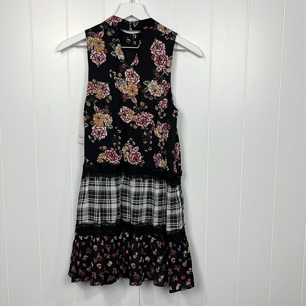 Love, Fire Womens Tunic/Mini XS Black White Floral Plaid Mixed Textures Keyhole - Picture 9 of 14